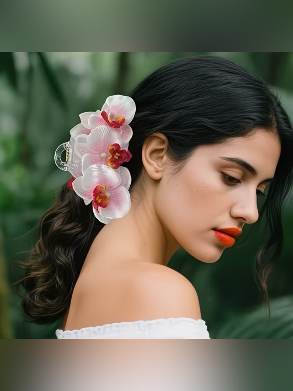 Red & White Orchid Flower Claw Hair Clip | Oversized Boho Statement Claw NWT